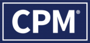A blue and white logo for cpm